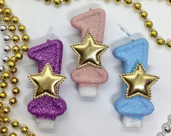 Gold Star Birthday Candle, Fancy Girls Party Decor, One Glitter Birthday Candle, Kids Sparkly Number Cake Topper, Keepsake Candle Supplies