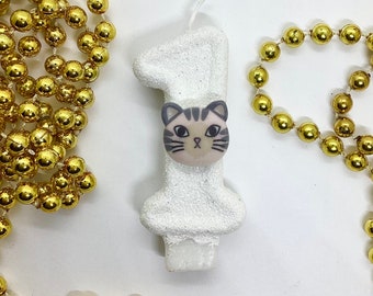 Vela de cumpleaños de gato gris, decoración de fiesta de animales grises, vela de cumpleaños con brillo, adorno de pastel de número brillante, vela de recuerdo, suministros para fiestas de mascotas