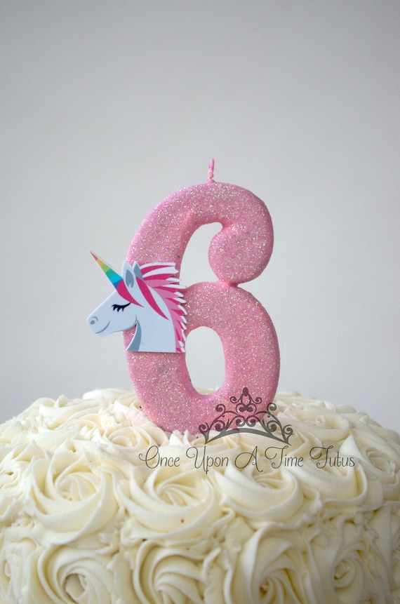 Large Light Pink Glitter Rainbow Unicorn Birthday Candle , 5 Inch Size Birthday Party Supplies Sparkly Sparkle Number Cake Topper Keepsake