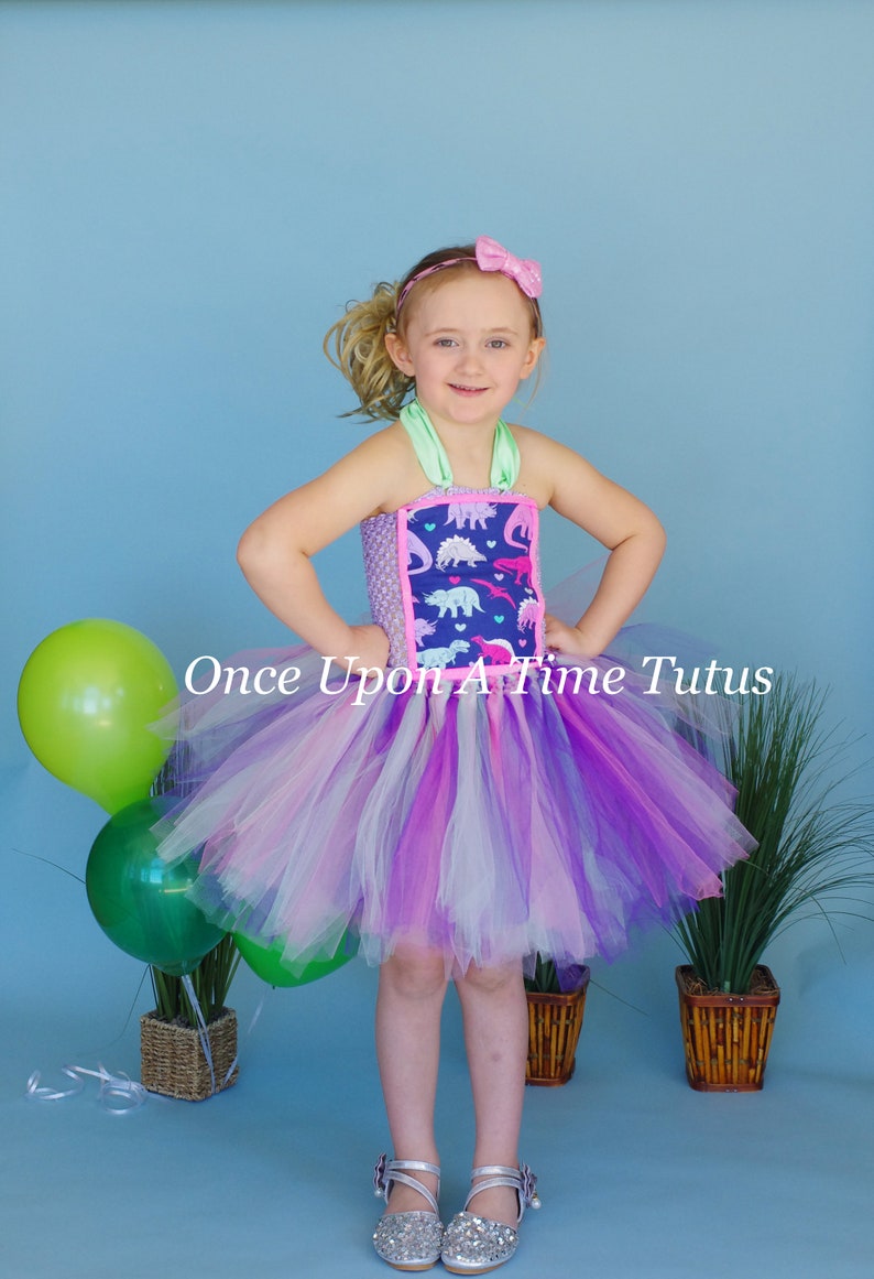 Kids Pink Purple Mint Green Dino Print Deluxe Tulle Dress Outfit Girly Dinosaur Tutu Dress Little Girls Size 6 12 Months 2T 3T 4 5 6 7 8
