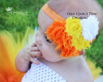 Candy Corn Headband, Baby Girl Headband, Infant Headband, Newborn Headband, Shabby Flower Headband, Orange Yellow White, Halloween Costume