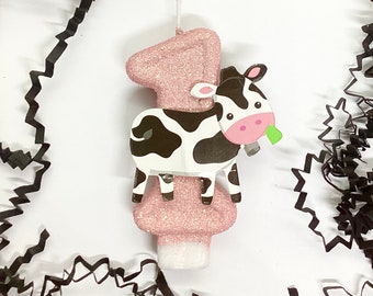 Cow Birthday Candle, Farm Animal Party Decor, Kids Glitter Candle, Sparkly Number Cake Topper, One Keepsake Candle, Girls Party Supplies