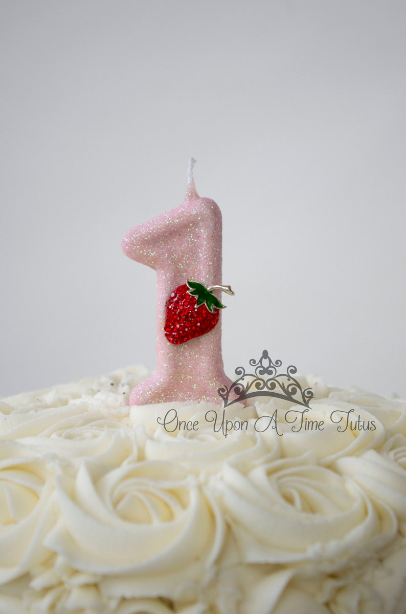Strawberry Birthday Candle, Red Pink Party Decor, Strawberry Party Decor, Sparkly Number Cake Topper, Girls Keepsake Candle, Party Supplies image 2