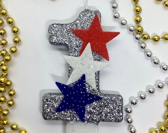 Grote patriottische verjaardagskaars, Star Party Decor, Fourth of July Party Decor, Sparkly Number Cake Topper, Keepsake Candle, Party Supplies