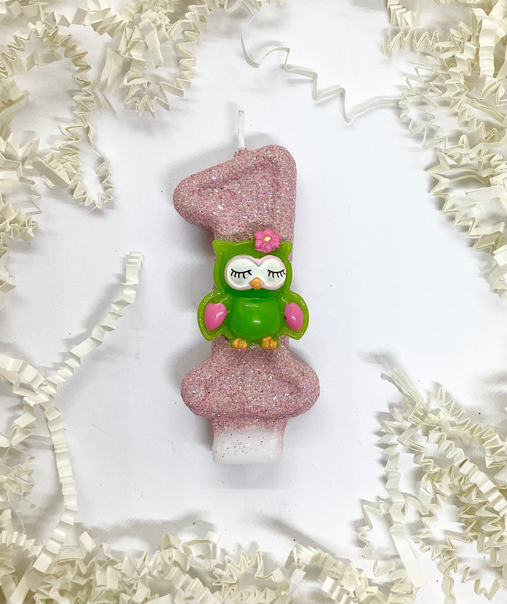 Owl Birthday Candle, Spring Bird Party Decor, Girls 1st Birthday Party Decor, Sparkly Number Cake To