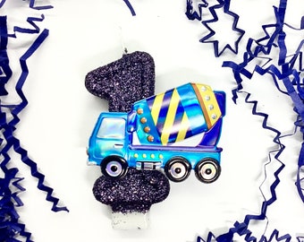 Cement Truck Birthday Candle, Kids Construction Party Decor, Boys Birthday, Sparkly Number Cake Topper, One Keepsake Candle, Party Supplies