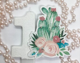 Cactus Birthday Candle, Succulent Birthday Party, Girls Party Supplies, Sparkly Candle, Glitter Number Cake Topper, One Birthday Keepsake