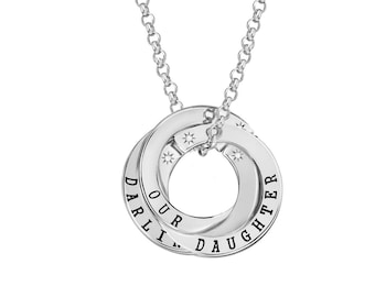 Sterling Silver Diamond Pendant Chain Set OUR DARLING DAUGHTER Message Interlocking Pendants. MapenziGems