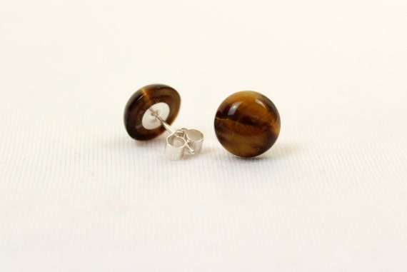 10mm Tiger Eye Studs 10 mm Tigers Eye Brown Earrings Cabochon Stud Earring MapenziGems