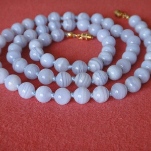 Blue Lace Agate Necklace. Genuine Stone. 8mm Round Beads. 25 inches long. Hand Knotted. Grade &#39;A&#39; Therapeutic Necklace. MapenziGems