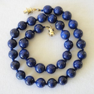 10mm Lapis Lazuli Necklace. Rich Blue Beads with High Pyrite Content. 16 inches Length. Hand Knotted.  Therapeutic Necklaces.  MapenziGems.