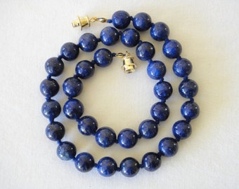 10mm Lapis Lazuli Necklace. Rich Blue Beads with High Pyrite Content. 16 inches Length. Hand Knotted.  Therapeutic Necklaces.  MapenziGems.