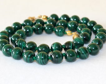 Malachite Necklace. 8mm Green Malachite Beads Necklace Hand Knotted. Genuine Natural Malakite Stone. MapenziGems