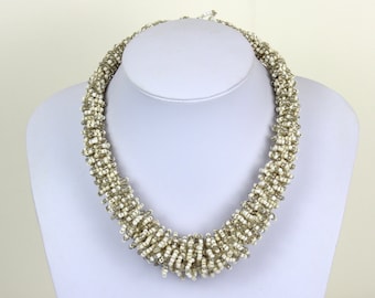 African Chunky Choker. White and Silver Colour Beads. Hand Woven Bib Necklace. Collar Style. MapenziGems DB22