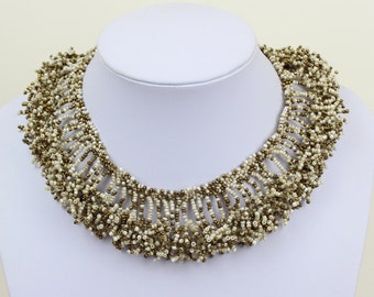 Handmade Beaded Collar Necklace: Ivory Brown Bronze, Ethnic Bib Choker