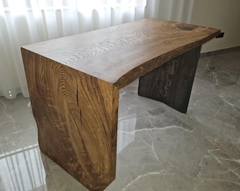 Escritorio de madera maciza con borde natural, mesa hecha a mano, escritorio minimalista de madera, mesa consola de madera natural, muebles modernos de epoxi.