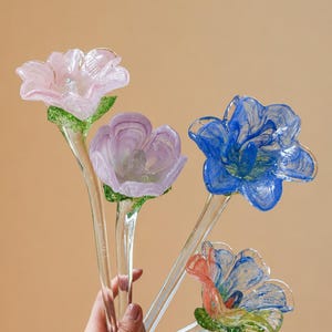 Tige de fleur en verre faite à la main – Longue tige transparente, pétales translucides, décoration éternelle