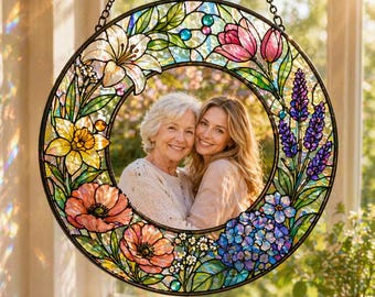 Custom Photo Acrylic Suncatcher, Personalized Picture Frame Window Hanging, Floral Round Suncatcher, Gift for Mom Grandma, Memorial Gift