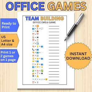 Puede incluir: Una hoja de juego de emojis de oficina para trabajo en equipo, con una lista de combinaciones de emojis y líneas en blanco para respuestas. El documento incluye el texto OFFICE GAMES, TEAM BUILDING e INSTANT DOWNLOAD, con un bolígrafo negro.