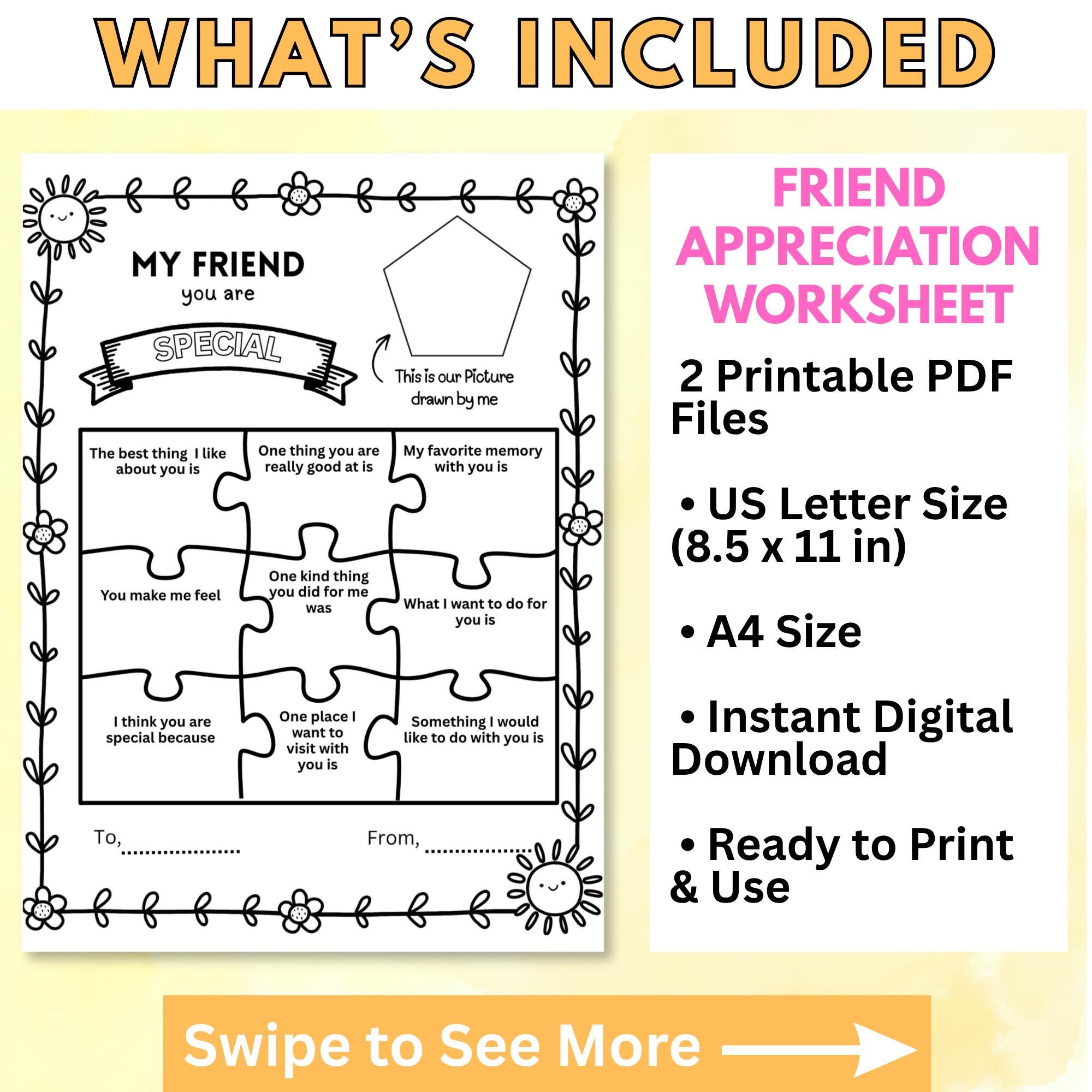Friend Appreciation Worksheet for Kids | Printable Friendship Activity ...