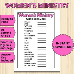 May include: A printable word scramble game sheet titled Women's Ministry with a list of scrambled words and blank lines for answers. The document features pink text and accents, including labels for Ready to Print, US Letter & A4 size, and Instant Download.