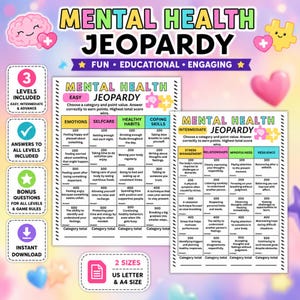 May include: A Mental Health Jeopardy game set featuring two printable boards for easy and intermediate levels. The boards include categories like emotions, selfcare, healthy habits, coping skills, stress management, relationships, mindfulness, and resilience.