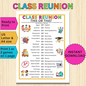Könnte beinhalten: Ein Class Reunion This or That Spielblatt mit einer Liste von schulbezogenen Auswahlmöglichkeiten wie Math oder English, Science oder History und Cafeteria oder Vending Machine. Das weiße Papier enthält bunte Illustrationen eines Schulbusses, einer Doktorhut, eines Taschenrechners und Schülern, mit Text in einer mehrfarbigen Schriftart.