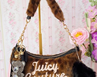 NWT Juicy Couture Leopard Faux Fur Shoulder Bag w/ Bear Charm & Pom Pom Y2K