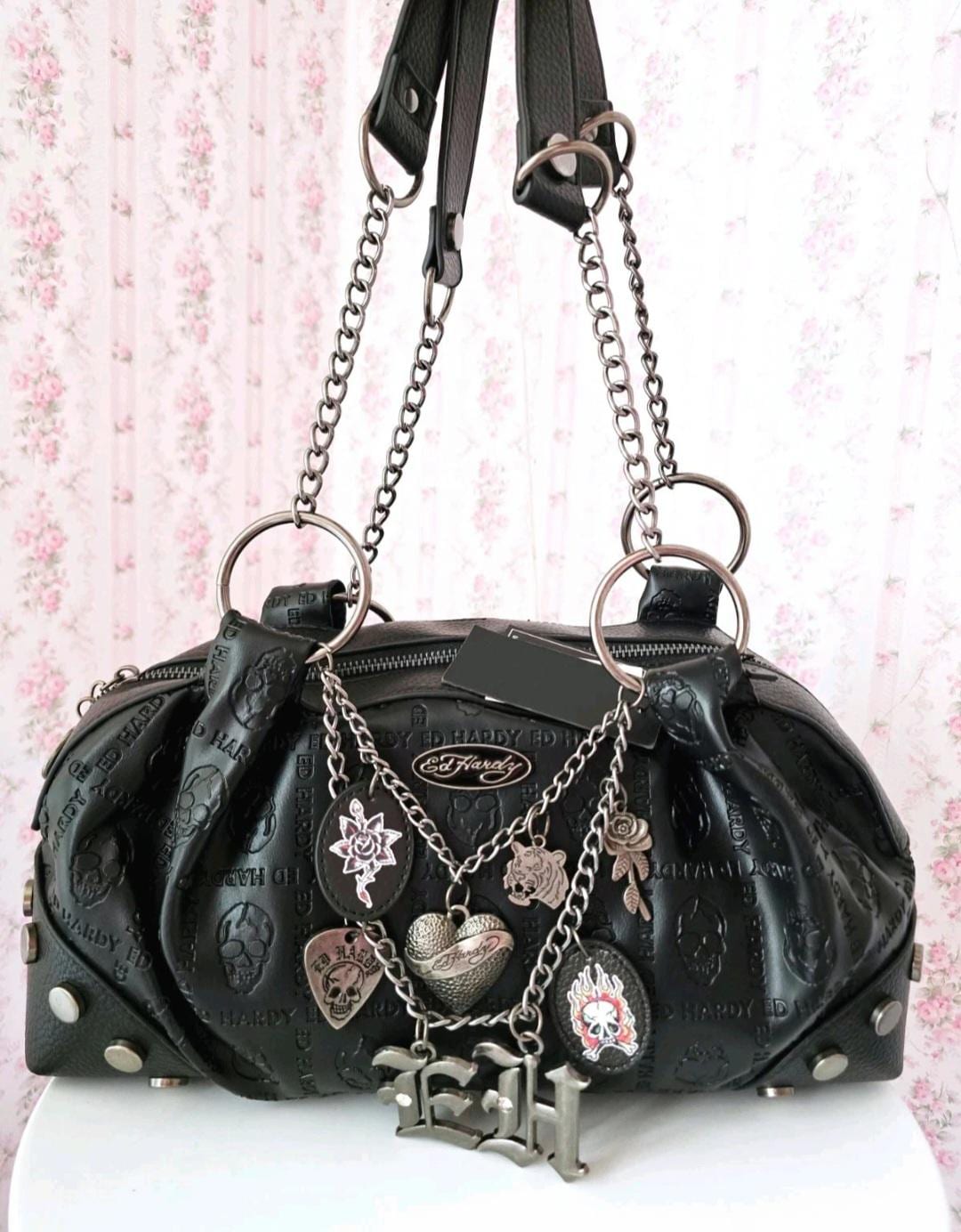 d*2様 Ed Hardy キャンバス×レザー ハンドバッグ 黒 スカル 外側汚 Ed hardy handbag - Etsy 日本