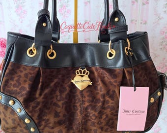 Juicy Couture Leopard Bag, Retro Glam Shoulder Bag, Y2K McBling Purse, Leopard Print Juicy Bag, Gold Heart Handbag