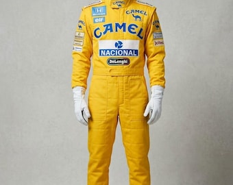 BackBencher Enterprises geel F1-racepak met OMP-maattabel – kameelachtig geïnspireerd – aangepaste naam en logo's