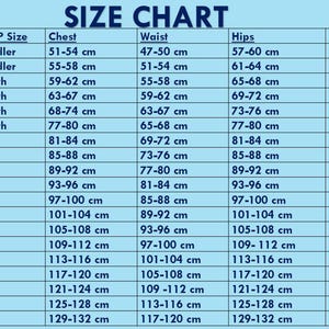 May include: A blue size chart with white text. The chart lists sizes from 100 to 5XL, with corresponding measurements for chest, waist, hips, and height in centimeters. The chart includes sizes for toddlers and youth.