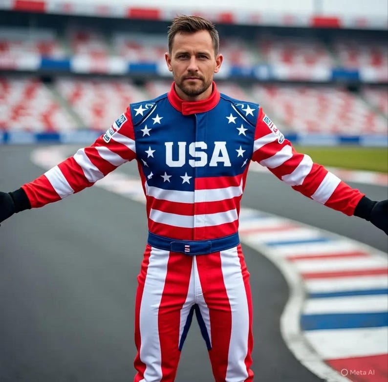 May include: A racing suit in the colors of the American flag, featuring red and white stripes on the sleeves and legs, and a blue upper section with white stars and the word "USA". The suit has a red collar and a blue belt.