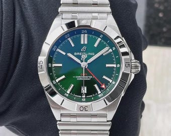 Breitling chronomat GMT automatisch horloge, groene wijzerplaat, stalen armband, kast van 40 mm