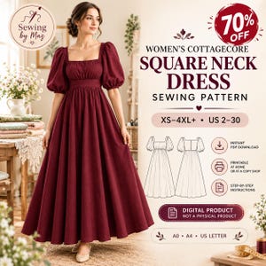 Könnte beinhalten: Ein digitales Schnittmuster für ein Kleid mit eckigem Ausschnitt, Puffärmeln und bodenlangem Rock. Das Design enthält Text für die Größen XS-4XL+ und US 2-30 sowie Symbole für PDF-Download, Druck zu Hause und Schritt-für-Schritt-Anleitungen.