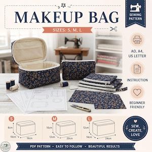 Pode incluir: Um padrão de costura para uma bolsa de maquilhagem, com tamanhos S, M e L. A imagem mostra uma bolsa de maquilhagem com estampa floral azul marinho, juntamente com as instruções e uma máquina de costura. As dimensões são em centímetros.