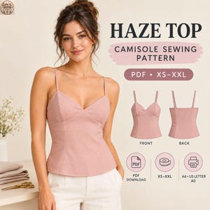 May include: A dusty pink camisole top with thin straps and a V-neckline. The image displays the Haze Top camisole sewing pattern, including front and back views, PDF format, and size range XS-XXL. Icons indicate PDF download, sizing, and A4, US Letter, and A0 print options.