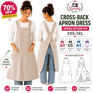 Women's Reversible Cross Back Apron PDF Sewing Pattern, Japanese Pinafore (XXS-XXXL)
