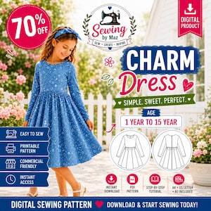 Schnittmuster für ein langärmeliges, ausgestelltes Mädchenkleid | Cottagecore Kindergrößen 1-15 Jahre (PDF-Download)