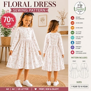 Girls Long Sleeve Dress Sewing Pattern | Beginner Friendly PDF Sizes 1-14Y (Instant Download)
