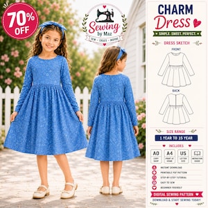 Girls Charm Dress Sewing Pattern | Long Sleeve Flare PDF (Sizes 1-15 Years)