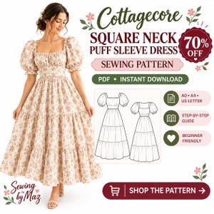 Patrón de costura en PDF para vestido estilo cottagecore con cuello cuadrado, vestido maxi con mangas abullonadas (hazlo tú mismo)