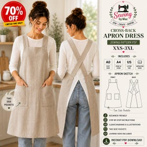 Women's Reversible Cross Back Apron PDF Sewing Pattern, Japanese Pinafore (XXS-XXXL)