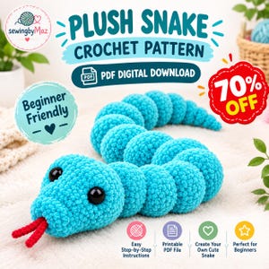 Könnte beinhalten: Eine leuchtend türkisfarbene gehäkelte Plüschschlange mit schwarzen Kunststoffaugen und einer roten gespaltenen Zunge. Das Bild enthält Text: PLUSH SNAKE CROCHET PATTERN, PDF DIGITAL DOWNLOAD, Beginner Friendly, 70% OFF und Symbole.