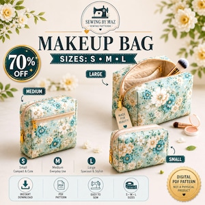 Op de afbeelding: Drie make-uptassen in kleine, middelgrote en grote maten, met een lichtgroen bloemenpatroon met witte en blauwgroene bloemen. De tassen hebben goudkleurige ritsen en een label met Made for Beauty. Tekst: Sewing by Maz, Makeup Bag en Digital PDF Pattern.