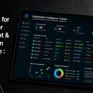 May include: A tablet displays a "Stakeholder Intelligence Tracker" interface with data visualizations and charts. The screen shows metrics like total stakeholders, high influence, and engagement scores. Text on the screen reads "AI Prompts for Stakeholder Engagement & Satisfaction Intelligence: Guide 1."