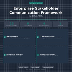Puede incluir: Una infografía azul oscuro titulada "Enterprise Stakeholder Communication Framework" para PM y TPM. Incluye secciones para plantillas de escenarios, modos de comunicación, tipos de interesados y un libro de trabajo. Secciones adicionales cubren mapas de interesados, andamios de mensajes, arquitectura de escalada y avisos de adaptación de IA.