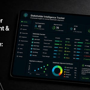 May include: A tablet screen shows a "Stakeholder Intelligence Tracker" interface with data visualizations and charts. The screen displays metrics such as "Total Stakeholders," "Alignment Score," and "At Risk." Text on the left reads "Stakeholder Management & Alignment Intelligence: Guide-2."