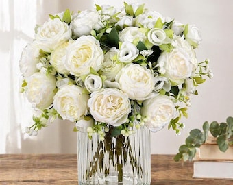 Artificial Peony Flowers Bouquet | Silk White Blooms for Wedding Centerpiece, Table Decor