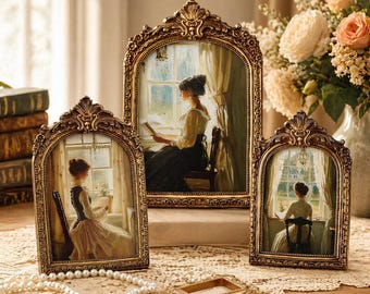 Set of 3 Antique Gold Baroque Arched Photo Frames – Ornate Vintage Display Decor